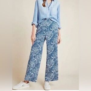 Maeve Anthropologie Blue Floral Split Hem Pull On Flowy Wide Leg Pant Size L